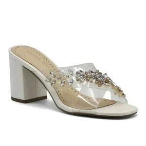 Adrienne Vittadini White & Clear Gold Embellished Block Heels
